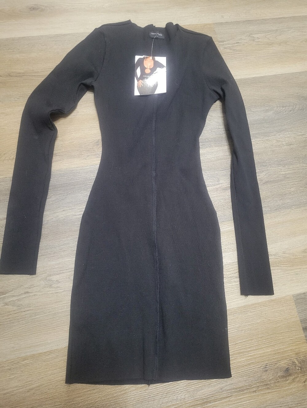 naked wardrobe Black Long-Sleeve Ribbed Bodycon Dress